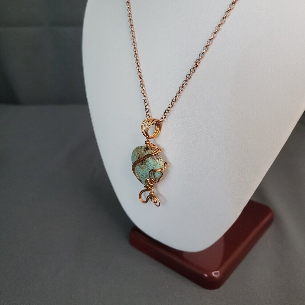 Womens Copper Tone Chain Heart Howlite Stone Pendant Wire Wrapped Necklace 22 in - Picture 4 of 9